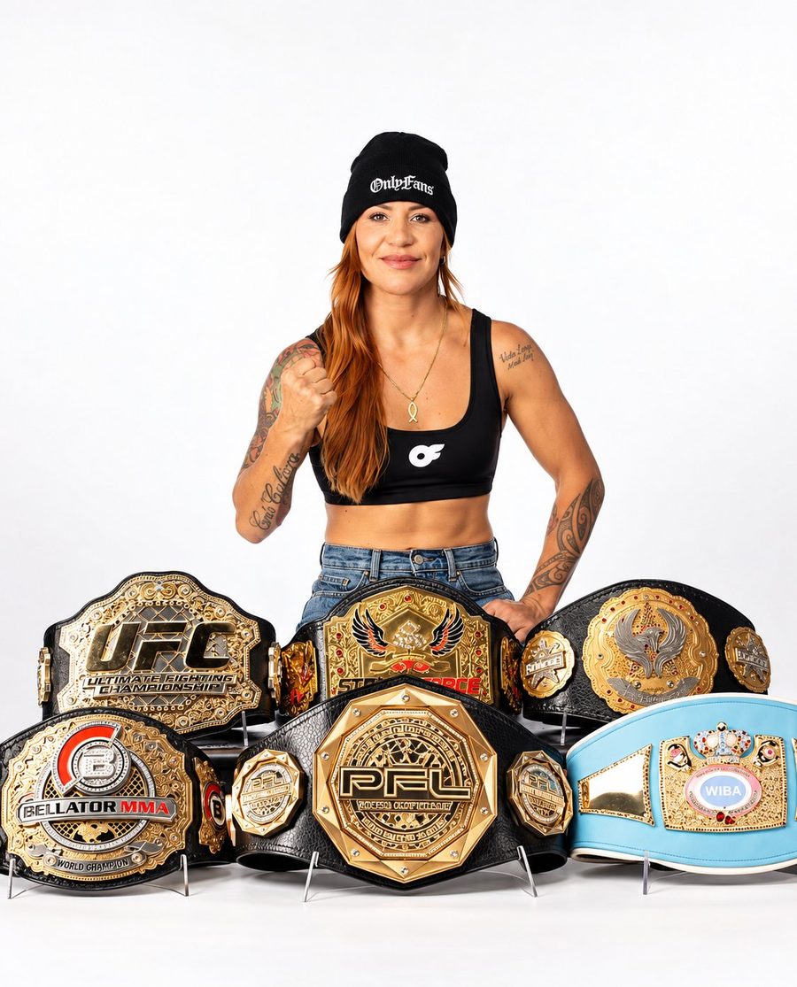 Cris Cyborg with her championship belts